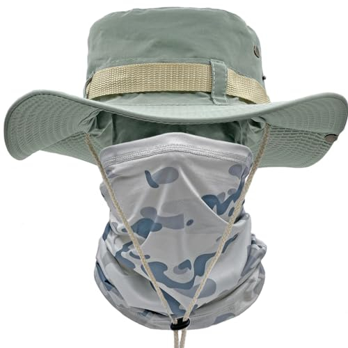ehsbuy Sonnenhut Herren UPF 50+ Safari Hut Sommerhut Breiter Krempe Camo Wanderhut Armee Boonie Hut mit Kühlender Multifunktionstuch Schlauchschal Outdoor Fischerhut