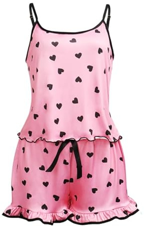 Satohom Womens 2pcs Pyjamas Sets Ice Silk Satin Loungewear Love Printed Sexy Adjustable Spaghetti Straps Cami Short Sleeve Shirt Sleepwear Ladies Summer Suspender Home Clothes Set Soft Pjs Pink