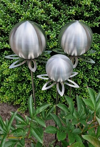 Jürgen Bocker Garten-Ambiente Blütenzauber Paris Rosenkugel 3er Set 15/15/10 cm Edelstahl Gartenstecker Deko mit Stab 80 cm (Silber matt)