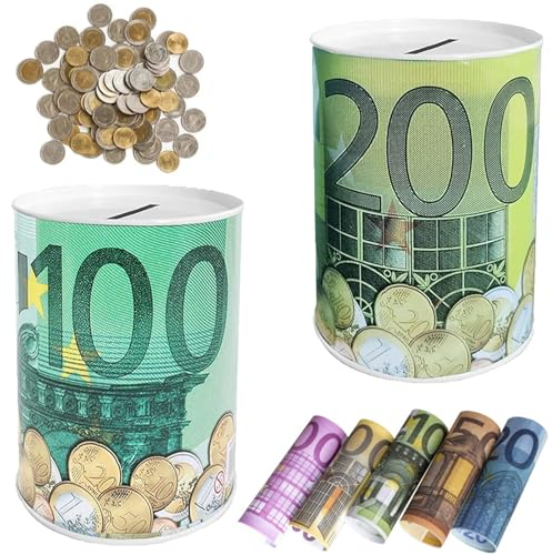 Snowtain 2 Stück Euro Scheine Metall Spardosen,100/200 Euro Geldspardose aus Metall,Deko Geschenkidee/XXL Spardose Geschenke für Kinder(7.5×11cm)