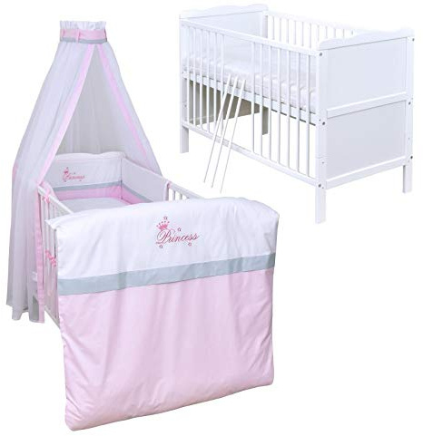 Generisch Baby Delux Babybett Komplett Set Kinderbett 60x120 cm umbaubar zum Juniorbett weiß 10-TLG Max Bettset Matratze Chiffonhimmel (Princess)
