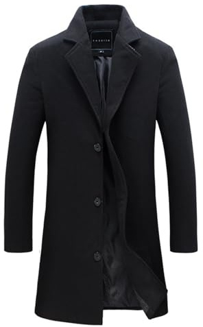 Yolimok Men's Long Trench Coat - Wool & Cashmere - Black - L - Winter - Office - Overcoat - Solid - Long Sleeve - High Neck - Henley - True to Size - Waterproof - 1 Count
