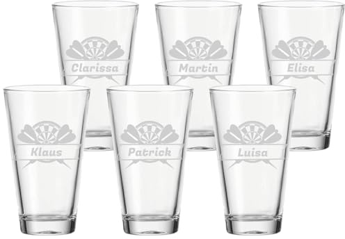 LUXENTU Trinkgläser mit Gravur, Dartscheibe & Pfeile Motiv, 300 ml, 6 Stück | Personalisierte Universalgläser für Kinder, Erwachsene & Dartsfans, Spülmaschinenfest