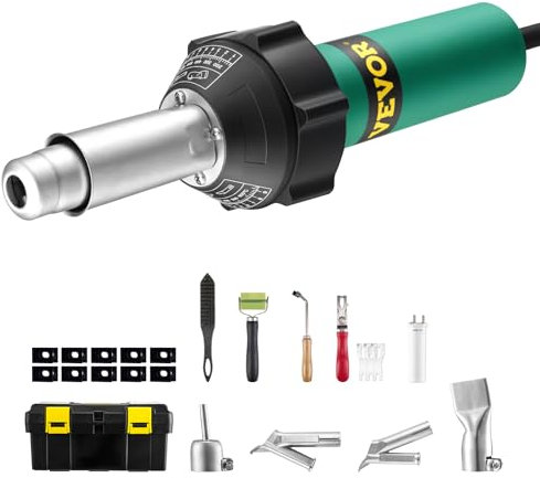 VEVOR Soldador de Aire Caliente para Plástico 1600 W, Kit de Soldadura para Techos de Plástico con 11 Accesorios: Caja de Herramientas, Boquilla, Rodillo, Cuchillas para PP/PE/PVC, 330 x 95 x 56 mm