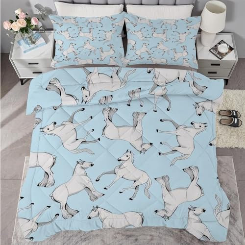 buyluhn Bettdecke 180x220 Pferd, 4 Jahreszeiten Bettdecken Tier Ohne Bezug Nutzbar, Kinder Steppdecke Ganzjahresdecke, Waschbar Bettzeug mit 2 Kissenbezug für Sommer Winter
