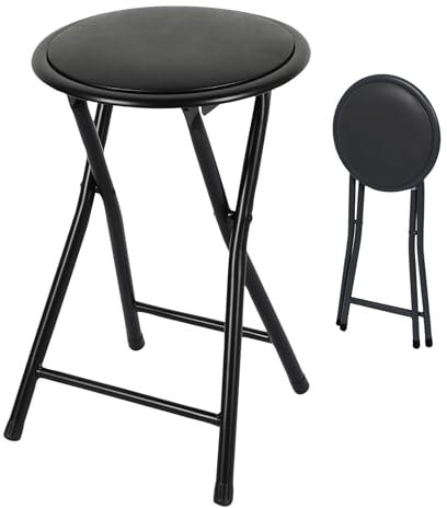 Spetebo Sgabello pieghevole in metallo, rotondo, nero, 45 x Ø 30 cm, pieghevole, con seduta imbottita, universale, pieghevole, per cucina, bagno, corridoio