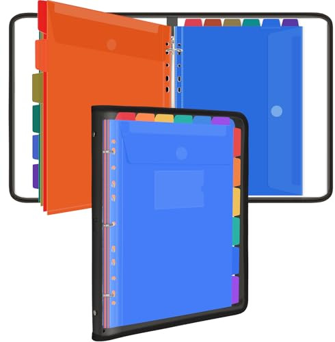 Uquelic A4-ringsbinder, dokumentorganiserare med 12 perforerade fickor, genomskinlig vinylpåse med dragkedja, snygg vattentät PVC-dokumentmapp för skola, hem, kontor