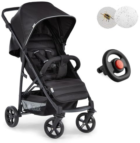 hauck Buggy Rapid 4 mit Lenkrad und XXL Zubehörpaket (Insekten- & Regenschutz) | Sportbuggy mit Liegefunktion, leicht & kompakt faltbar - Caviar Black