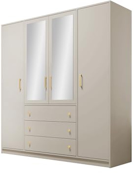 Mirjan24 Drehtürenschrank Raviren Lux 4D, Kleiderschrank mit Spiegel, 3 Schubladen und Kleiderstange, Elegantes Schlafzimmerschrank, Jugendzimmerschrank (Cashmere)