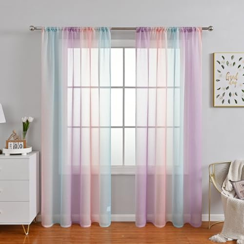 2er Set Gardinen halbtransparente Vorhänge Farbverlauf Voile Dekoschal Fensterschal Scheibengardine Schlaufengardinen Modern für Schlafzimmer und Wohnzimmer Raumteiler 100x160cm(BxL),Rosa Lila Grün