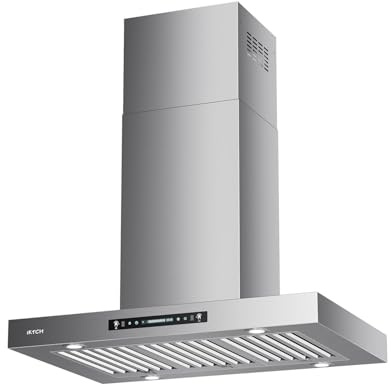 IKTCH Island Mount Range Hood, 900 CFM Stainless Steel Ducted Island Range Hood with 4-Speed Fan, Gesture Sensing & Touch Control, IKIS02-36-M (36 Inch)
