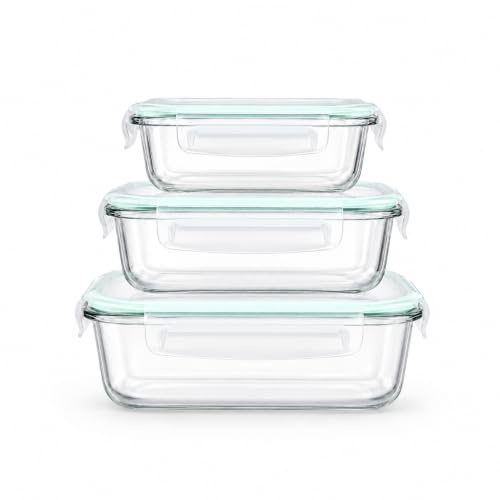 GENERIX Contenitori per alimenti in vetro, set di 3 (1040 ml, 640 ml, 370 ml), coperchi ermetici, senza BPA, impilabili