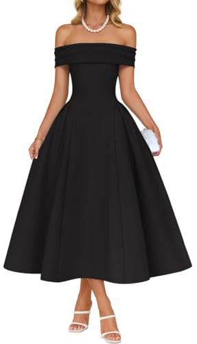 AOWVUTS Women's Cocktail Dress Formal Off Shoulder Maxi Dress Elegant Swing A-Line Wedding Guest Long Dresses Modest Homecoming Church Dresses for Tea Party Prom Bridesmaid Evening Black