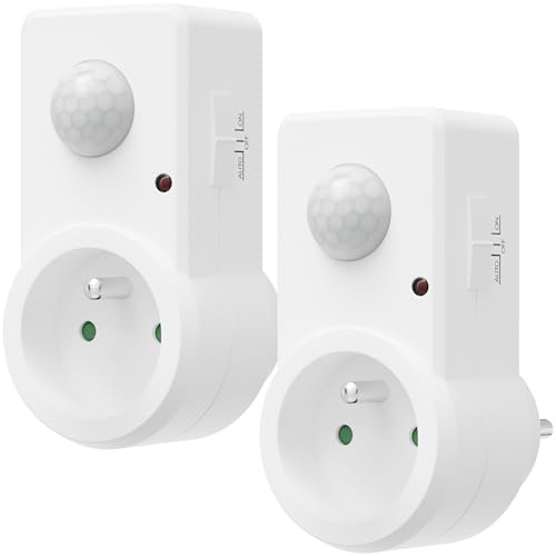 Oktaplex Sia Lot de 2 Prises avec détecteur de Mouvement Blanches | 120° 9m capteurs infrarouges adaptateurs intérieurs type E France capteurs PIR