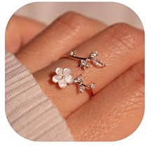 Celblisora Birthstone Flower Rings For Women Non Tarnish Gemstone Cubic Zirconia Mother of Pearl Adjustable Size 7-11 Silver Rose 14K Gold Plated Birth Jewelry Gift