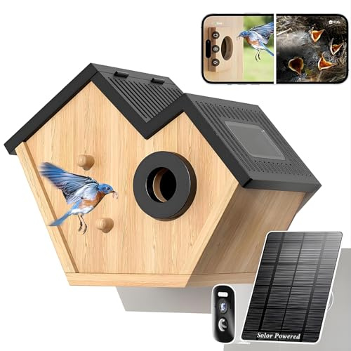 Nistkasten mit HD Kamera Solarbetriebenes, Live Stream Al Vogelbestimmer, Beobachten Sie das Nisten und Schlüpfen, Cloud und SDSpeicher, 35mm Einstieg und Schutzart IP65, Geschenkidee Garten