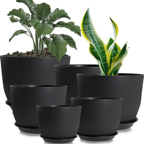 Xtrillogen 18/16/14/13/11/10 Large Plastic Plant Pots Indoor,Indoor Plant Pot with Drainage Holes and Saucer,Small House Garden Flower Planters Suitable for Flower,Succulent(Black-6Pack)