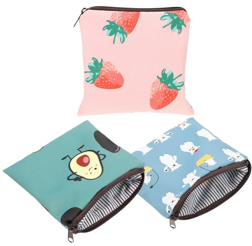 GOOHOCHY 3Pcs Portable Multi-Function Sanitary Napkin Storage Bags with Cartoon Designs, Compact Reusable Period Pouches for Women’S Hygiene Accessories