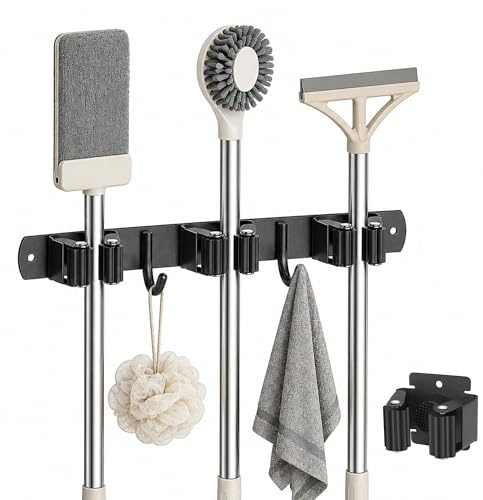 MSJ®️ Colgador de Escobas y Fregonas con 3 Soportes y 2 Ganchos + 1x Soporte Individual Adhesivo de Pared para Escobas, Fregonas, Herramientas, etc (Colgador 3)