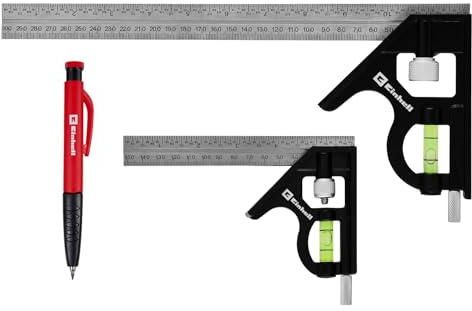 Einhell 2-tlg. Kombinationswinkel-Set, 150/300 mm | mm-/inch-Skala | 45°-Winkel | Libelle | Anreißnadel | Zink- und Edelstahl | Druckbleistift mit Anspitzer