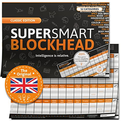 SUPER-SMART-Blockhead - Intelligence is Relative: DIN-A3 Block mit 50 Blatt, 52 lustige Kategorien bringen jeden Hobbydenker ins Schwitzen. Spaß garantiert!, Pro Runde (13 Begriffe) 2 Minuten | 50 Blatt und 52 Kategorien, englisches Wortspiel für Schule, Familie, Freunde und den Englischunterricht.