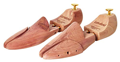 Lumaland® Premium Zedernholz-Schuhspanner für Damen und Herren | Doppelfederung für perfekte Formerhaltung, geteiltes & einstellbares Vorderblatt | Inklusive Baumwoll-Aufbewahrungsbeutel, Grösse 46/47