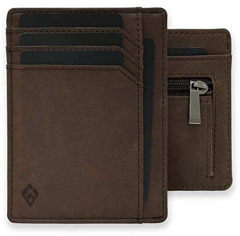 AKIELO Kartenetui mit RFID Schutz, Reißverschluss-Münzfach und Geschenkbox – Minimalistisch Herren Geldbörse – Ultradünne Wallet (Bravo - Dunkle Mokka Ausgabe mit Reißverschluss)