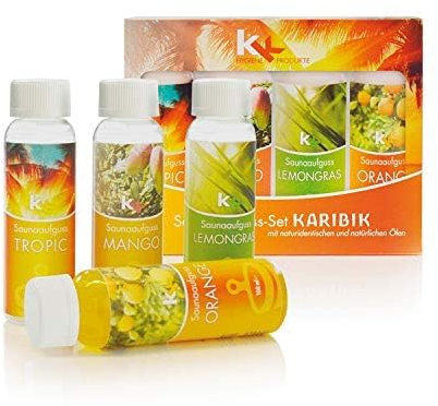 KK Saunaaufguss-Set Karibik - Made in Germany - 4 verschiedene Duftsorten in einem Set - Tropic, Mango, Lemongras, Orange - 100ml Flasche - in verschiedenen Varianten erhältlich
