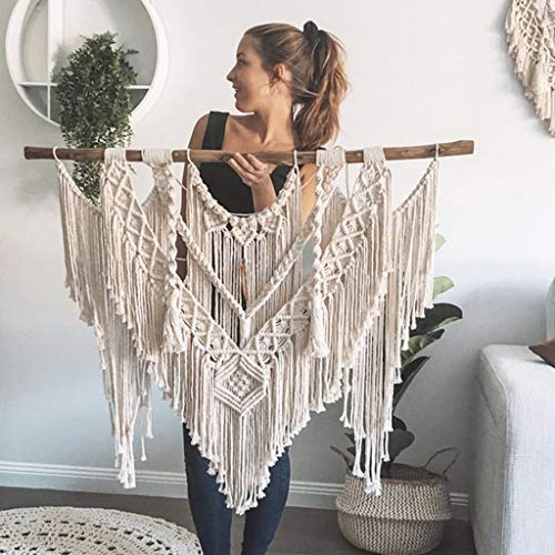 Makramee Wandbehang Tapisserie Boho Chic Wanddekor Handgefertigte gewebte Naturbaumwollseil Wandteppich Elegante Quaste Fringe Home Decoration,Beige-100x100cm