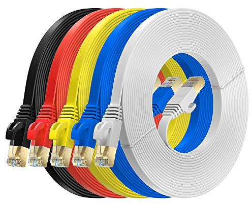 MutecPower 5m 5 Pack ULTRA FLAT Cat 7 Ethernet Network Cable with RJ45 plugs - SSTP - 600MHz - 5 meter Red/Yellow/Blue/Black/White cables with Cable ties & clips