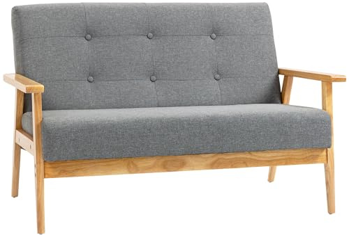 HOMCOM 2 Seater Sofa Modern Linen Fabric Upholstery Tufted Couch with Rubberwood Legs for Living Room and Kitchen, Dark Grey