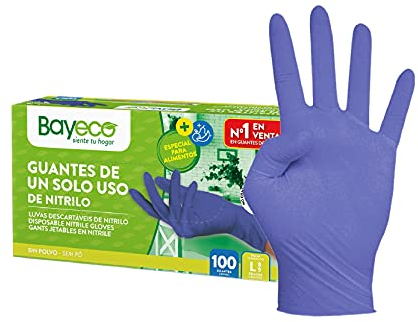 Bayeco – Gants en nitrile à usage unique – Bleu – Ambidextres – Bordure enroulée – Doigts texturés pour une meilleure prise en main – Lot de 100 – Taille L