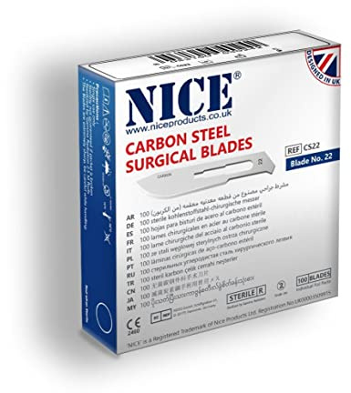 100 x NICE No.22 Sterile Carbon Steel CS22 Surgical Blades