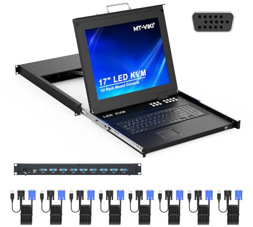 MT-VIKI 1U 17 Zoll LCD KVM Konsole 8 Port KVM VGA Switch Rackmount mit Integrierte Konsole für 1HE 600-800mm Schrank Touchpad Tastetur Schublade Hotkey OSD mit 4x1.5m+4x1.8m Kabeln 1280x1024