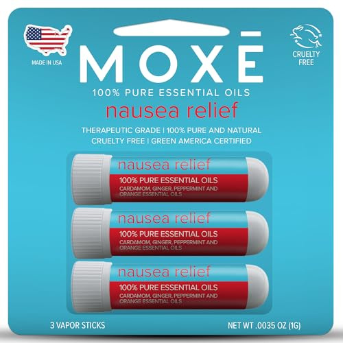 MOXE Nausea Nasal Inhaler Sticks, All Natural Essential Oil Blend, Ginger, Cardamom, Peppermint, Sweet Orange, Upset Stomach, Headaches, Easy-to-Use Portable Aromatherapy, Made in USA, 3 Pack