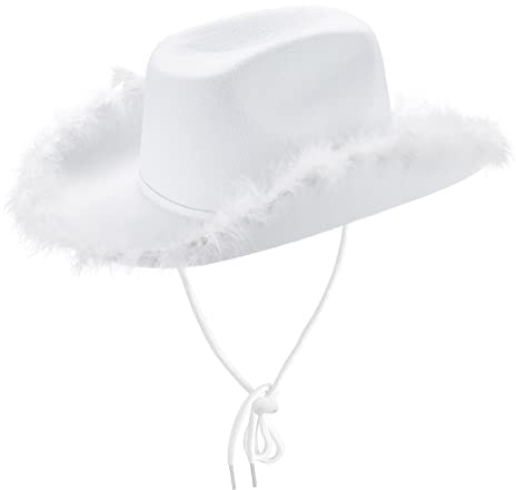 Geagodelia Filz Cowboyhut Damen Flauschig mit Federn Krempe Tiara Cowgirl Kostüm Hut Erwachsene Halloween Kostüme Karneval Partyhut (Weiß, Einheitsgröße)
