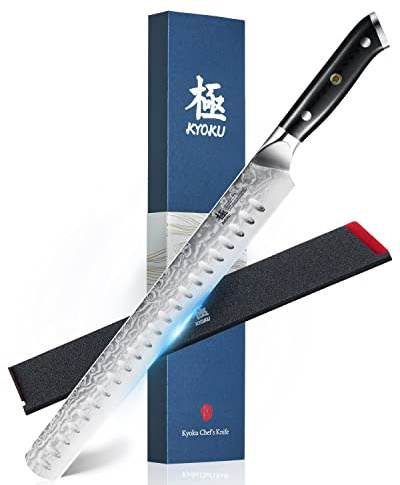 KYOKU Gin Series 12 Brisket Slicing Knife, Meat Carving Knife with Silver PVD Coating Mosaic Pin Handle for Professional Chef & Home Cook, Japanese Style VG10 Steel Slicer for Meat Fruit Vegetables
