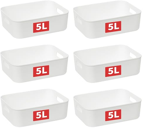 Cetomo 5Lx6 Aufbewahrungskorb, Kunststoff Aufbewahrungskörbe mit Griffen, Stapelbare Organizer Box für Regal, Küchenschrank, Badezimmer, Aufbewahrungsbox ohne Deckel, Weiß, 5L-6er Set (28.5*22*9cm)