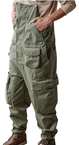 BELWAD Denim Overalls für Herren Vintage Gerade Cargo Overall mit Mehreren Taschen Strampelhöschen mit Reißverschluss,Grün,M
