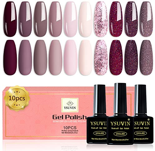 Yueshop Gel Nail Polish Set - 10PCS Nude Pink Grey Red Glitter Sparkle White Gel Nail Polish Soak Off UV gel Nail Varnish Manicure For Beauty(10PCS, 8ml)