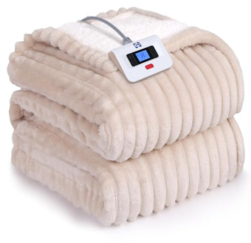 Sealy Electric Blanket Full Size, Soft Ribbed Flannel to Sherpa Reversible Heated Blanket with 10 Heat Settings & 1-12 Hours Auto-Off Overheat Protection, Machine Washable, 72x84 Beige