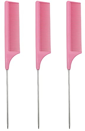 3 Pcs Hair Comb,Anti-Static Tail Comb,Carbon Fibre Metal Comb Pin Tail Comb,Heat Resistant and Salon Rattail Parting Comb,Pink Fine Tooth Rat Tail Hair Comb Brush for Women