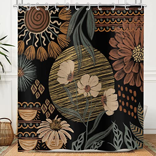 Hnmdmyi Duschvorhang Schwarz Boho Blumen 180x200, Vintage Abstrakt Bohème Blume Botanisch Badewanne Vorhang Mid Century Modern Ästhetisch Retro Wasserdicht Polyester Stoff Waschbar Badevorhang