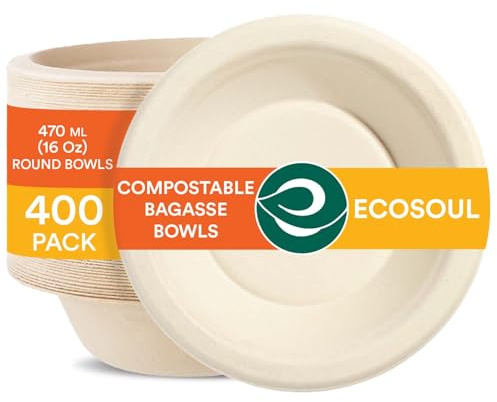 ECO SOUL Ciotole da zuppa compostabili al 100% da 473 ml [4 confezioni da 100] Ciotole da dessert usa e getta I Ciotola di carta resistente I Insalatiera ecologica I Ciotole grandi biodegradabili