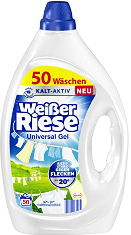 Weißer Riese Universal Gel (50 Waschladungen), Vollwaschmittel sorgt für strahlend saubere Wäsche & wirkt riesig stark gegen Flecken, Kalt-Aktiv schon ab 20° C, 100% recycelbar*