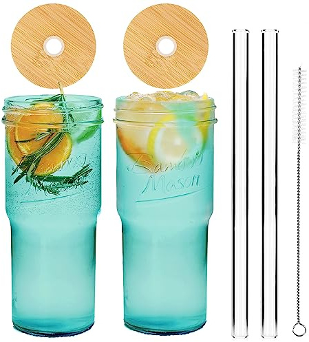 ANOTION Colored Glass Cups with Lids and Straws - 24oz/682ml Travel Coffee Mug Wide Mouth Mason Jar Iced Coffee Cup Smoothie Cup Glass Tumbler Tea Cup Clear Cute Water Cups Colorful Drinking Glasses