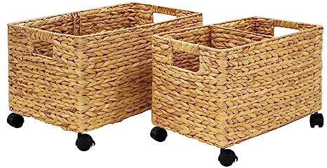 PEMAR Lot de 2 paniers de rangement à roulettes en osier naturel (différentes tailles gigognes dans un lot) avec poignée d'insertion, bacs de rangement sous une table ou sous le bureau, organiseur