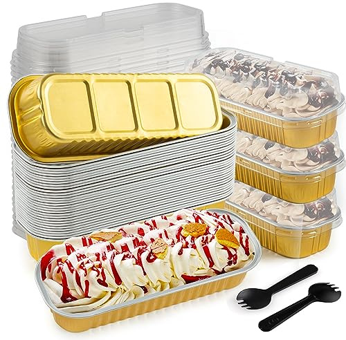 FFNIU 60Pcs Mini Loaf Pans with Lids and Spoons, Aluminum Foil Baking Pans, Rectangle Mini Cake Pan, Brownie Baking Cups for Picnics Party (Gold)