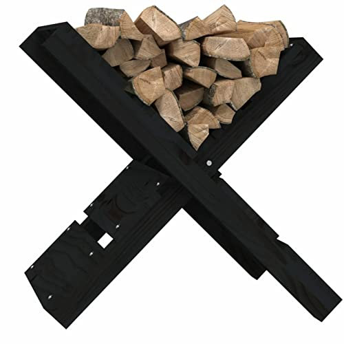 Homgoday Portalegna da Ardere, Portalegna da Interno Nero 47x39,5x48 cm in Legno Massello di Pino, Porta Legna per Camino, Legnaia da Interno, Camino da Esterno Impilabile Stufa Ripiano Legno
