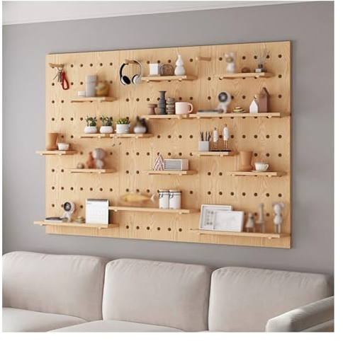 HJZALMI Panneau Mural Rangement D'Outils, Planche À Chevilles en Bois, Panneaux De Rangement Et D'affichage Bricolage, Support De Crochet Mural Décoratif(Brun,C)
